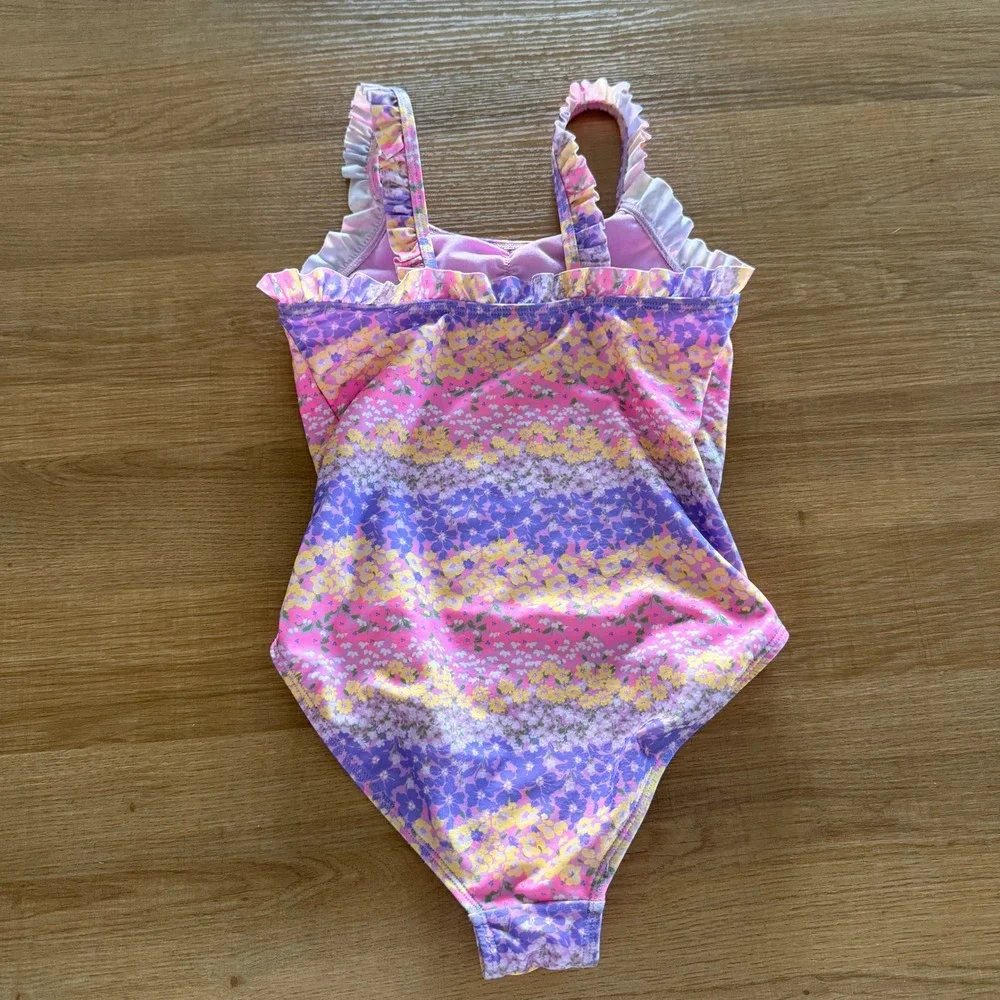 Wonder Nation Girls Floral Ruffle One Piece Swimsuit Pink Purple Yellow Size 7-8